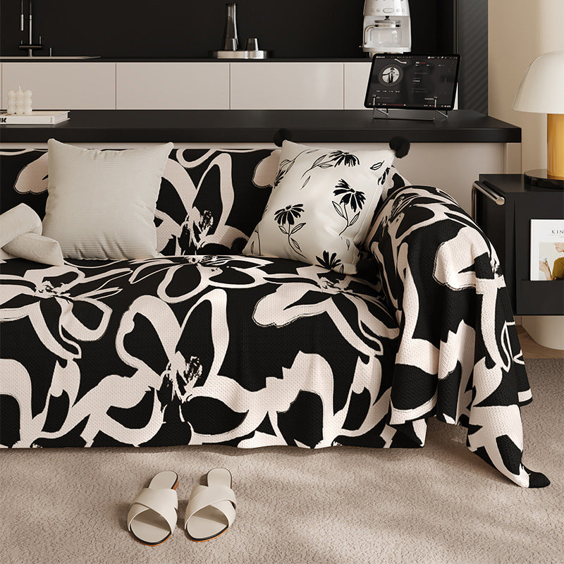 Housse de canapé noir résistant aux taches, style luxe léger-FLOWERS